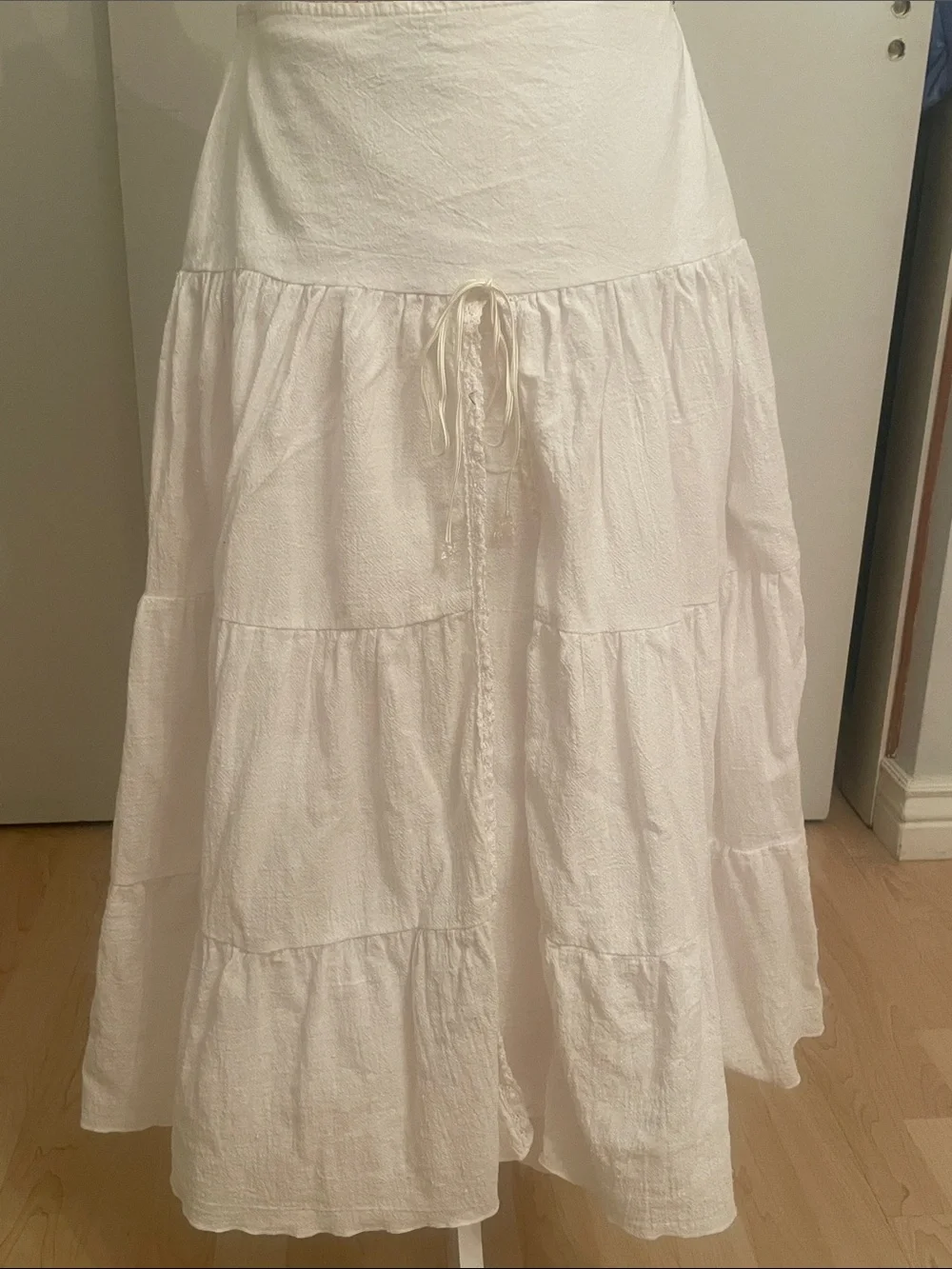 White Tiered Midi Skirt with Drawstring Waist
